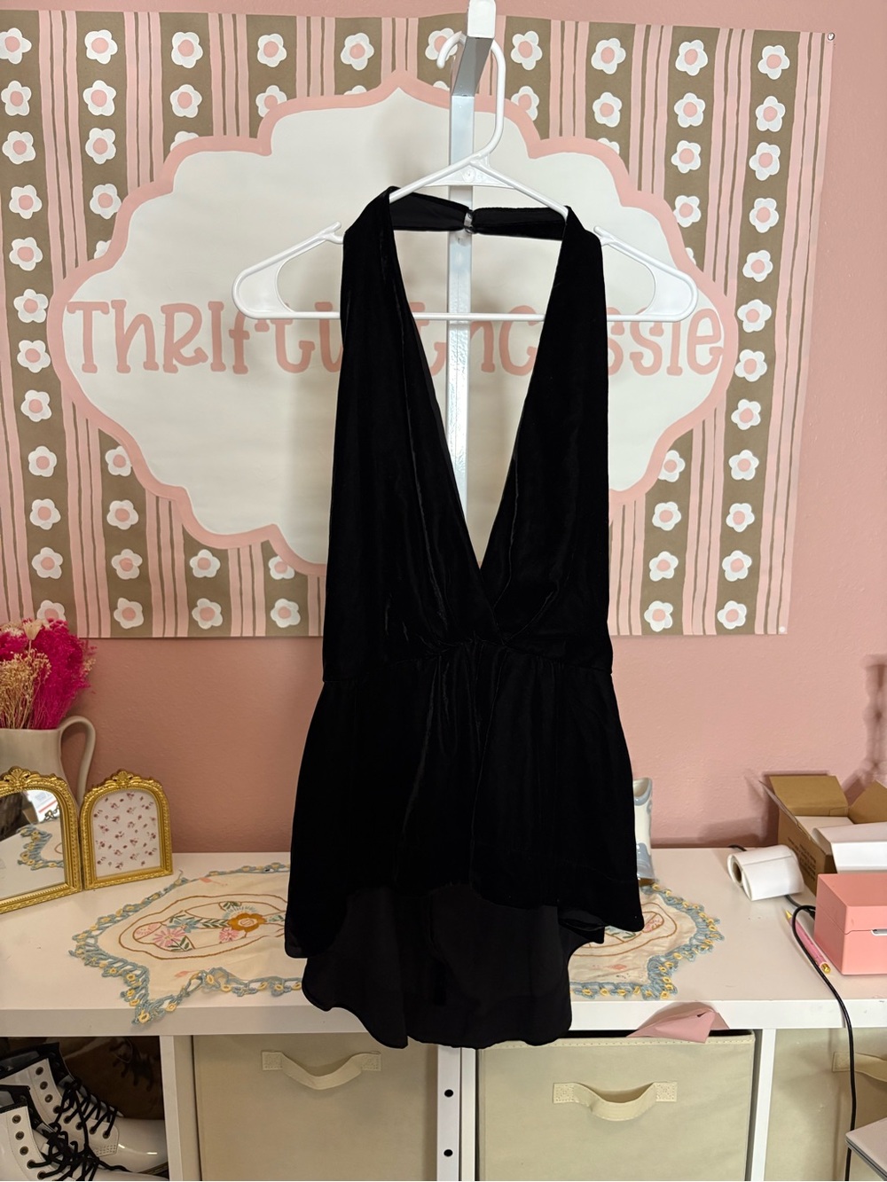Free people black velvet halter neck top
